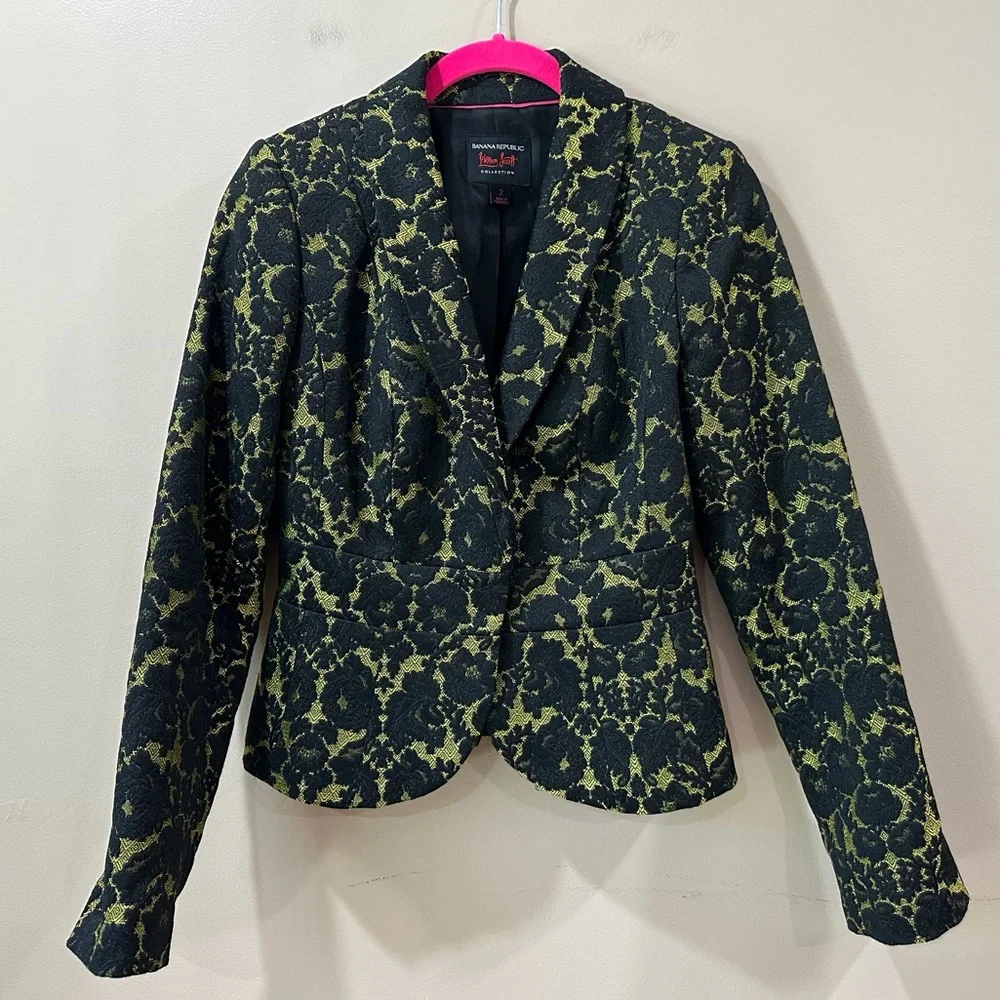 Banana Republic L’Wren Scott Blazer Bright Celery Black Floral Jacquard Peplum 2 - Picture 2 of 11